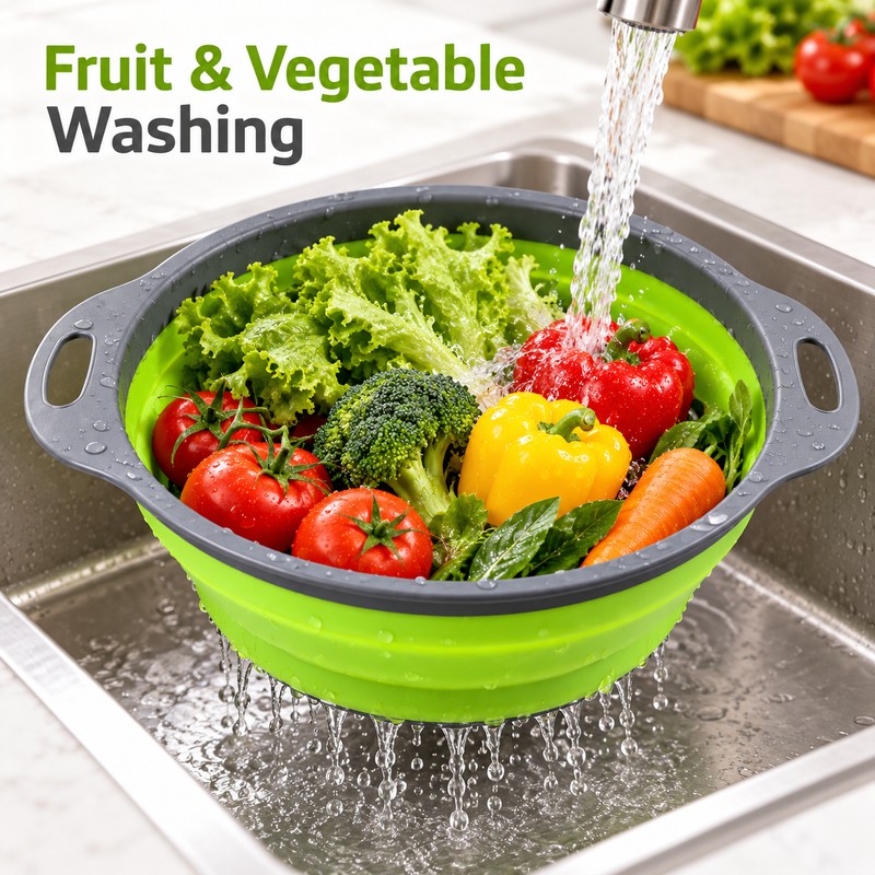 Foldable Silicone Colander for Fruit & Vegetable Washing – Green