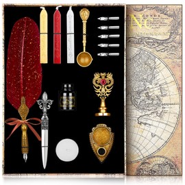 NC Upgraded Wax Seal Stamp Kit,Quill Pen ink Set Includes Feather Dip Pen,Ink,5 Replacement Nibs,3 Wax Seal Sticks,Pen Nib Base,Seal Stamp, White Wax,Spoon,Envelope Letter Paper, Envelope Tool（Red）