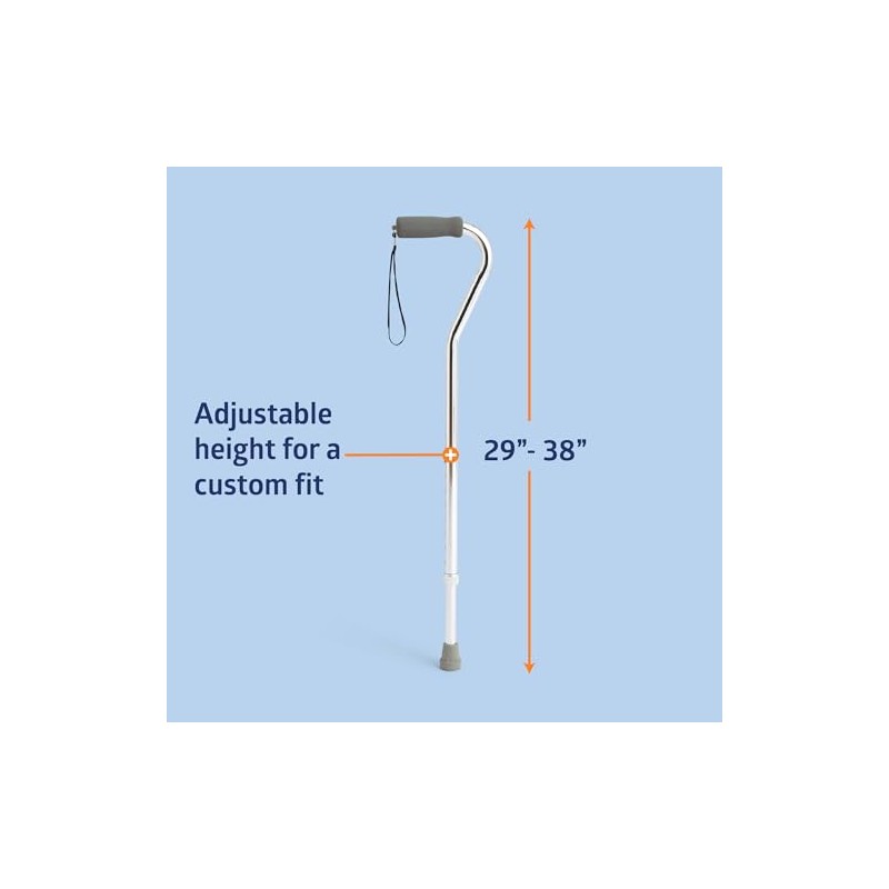 Medline Aluminum-Chrome Offset Walking Cane, Adjusts 29–38” & Supports Up