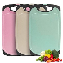 Kitchen Cutting Board Set 3 Piece Wheat Straw Plastic Cutting Boards for Kitchen with Juice Grooves Easy Grip Handle Bpa Free Non Porous Non Slip Dishwasher Safe Chopping Board (Beige + Green + Pink)