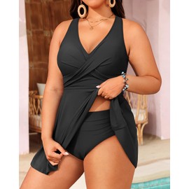 Plus Size Tankini Swimsuit - Two Piece Swimsuit Dress Tummy Control Swimwear 2025 Cross Back Bathing Suit Black 16 Plus