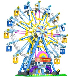 JDMDKB Rotating Ferris Wheel Building Blocks Kit, with Lights, Amusement Park, Construction Toy Set for 8+ Children and Adults (Blue)