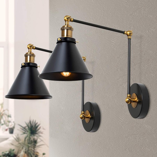 LNC Black Swing Arm Wall Lamp Adjustable Wall Sconces Plug-in Sconces Wall Lighting (2 Pack-Black)
