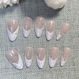 Handmade Press-On Nails French Tip Press-On Nails Handcrafted White Ribbed Almond-Shaped Nails Reusable Hand-Painted Nails Including Tool Kit 10 Pieces (SHN6-M, M)