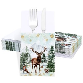Balterever 50PCS Winter Forest Utensil Holder Pockets Snowflake Flatware Tableware Holder Bags Disposable Winter Christmas Knifes Forks Silverware Bags for Christmas Party Table Decorations Supplies