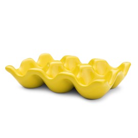 Flexzion Ceramic 6 Cups Egg Tray - Half Dozen Porcelain Egg Holder Container Keeper Storage Organizer Decorative Serving Dish Plate for Refrigerator Fridge Countertop Display Kitchen Home (Yellow)