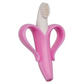 Baby Banana®Pink Teether-Toothbrush, Infant to Toddler, Made in USA, Butter-Soft Bristles for Gums and Teeth, Bendable Food Grade Silicone, Family-Owned Buisness Since 2009, 11 Million+ Sold