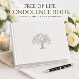 Tree of Life Condolence Book for Funeral Services – Memorial Guest Book with 96 Pages, Silver Gilt Edges, Keepsake Pocket for Condolence Cards & Letters, White Hardcover, 218 x 160mm