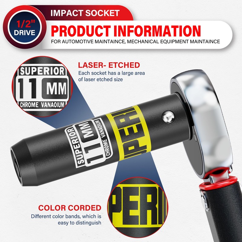 Aiourx 1/2” Drive Impact Socket, 11 mm Deep Socket, Metric,