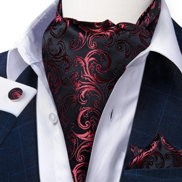 Barry Wang Mens Ascot Red Paisley Cravet Tie Handkerchief Cufflinks
