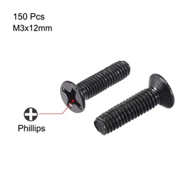 sourcing map M3 x 12mm Phillips Screw Fastener Black for Laptop PC TV Fan Switch 150pcs