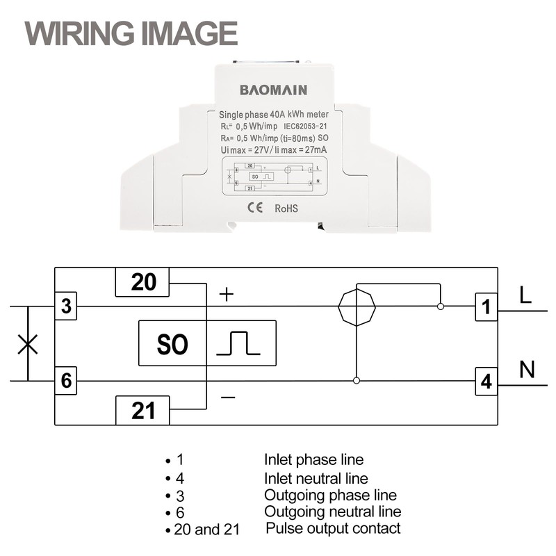 Baomain 1-Module DIN Rail Energy Meter 5(40) A 220–230V 50Hz