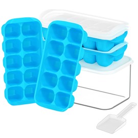 DOQAUS Ice Cube Tray with Lid and Bin, 4 Pack Ice Trays for Freezer, Easy Ice Pop Out Silicone Ice Cube Trays for Freezer with Cover, Stackable Storage Compact Ice Bucket Kits for Popsicles