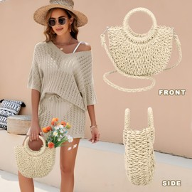 Creaher Straw Beach Bag for Women Hand Woven Beach Tote Bag, Summer Beach Handbag Woven Handmade Shoulder Bag with Strap, Top Handle Straw Bag Handbag for Women Girls Shopping Travel Daily Use