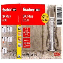 fischer Expansion dowels SX Plus 6 x 30 in an attractive action box, dowels for optimal hold for fixings in concrete, solid brick, aerated concrete, perforated bricks and much more, with 20% more