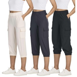 Real Essentials (Pack of 3 Women's Capri Cargo Yoga Sweatpants | UPF Pull On Joggers - Hiking Summer Golf Travel Waterproof Casual Cropped Pant with Pockets - Quick Dry - Set 6 (Medium)