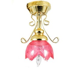 Melody Jane Dolls House Cranberry Shade Gold Filigree Ceiling Light Electric 12V Lighting