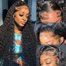 Rujoe Deep Wave Lace Front Wigs Human Hair Pre Plucked 150% Density 13x4 HD Transparent Lace Frontal Wigs Human Hair For Women Deep Curly human hair wig (13x4 deep wave wig, 28 inch)