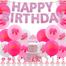Vicloon Birthday Party Decorations, Party Balloons Decoration Set, Pink Girl Birthday Party Supplies Party Banner Cupcake Toppers for Kids Theme Party Decorations Baby Shower