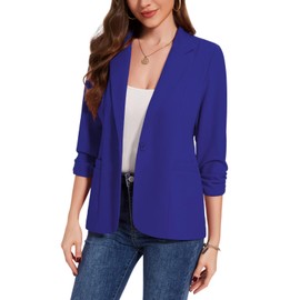 MINTLIMIT Women's 3/4 Ruched Sleeve Blazer with Notch Lapel One Button Front Lined Lightweight Blue for Office (Blue L)