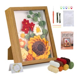 QUDUME Sunflower Crochet Kit with Photo Frame, Crochet Starter Kit with Instruction, Yarn, Hooks, Fiber Fill, Floral Wire, Stitching Markers, Sunflower Crochet Set for Mother's Day Gift Birthday Gift