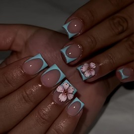Summer Press on Nails Short Square Fake Nails Blue French Tip Press ones False Nail with 3D Flower designs Charm Acrylic Nail Glossy Glue on Nails for Women Girls Vacation Stick on Nail 24pcs