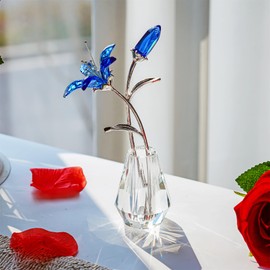 H&D HYALINE & DORA Crystal Calla Lily Flower Figurine Collectible Wedding Bouquets with Crystal Vase for Home Wedding Party Decor, Blue Flower with Sliver Metal Stem