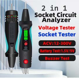 2in1 Socket Circuit Analyzer Intelligent Voltage Tester 12-300ACV Socket Tester 1.5V/9V Battery Test Meter with Zeroline Fireline Identification Line Breakpoint Finding Socket Polarity Detection Leakage Current Switch Test AC Voltage Measurement and Buzz