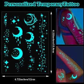 Gjinxi Butterfly Tattoos Temporary Glow in The Dark Tattoos for Women Girls 10 Sheets Luminous Flower Butterflies Wings Stars Moon, Waterproof Face Body Arm Stickers Party Decorations Favors