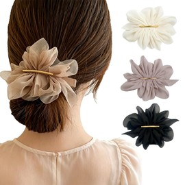 DONGFANGB Tulle Lace Chiffon Flower Barrette Set of 3 Colors Adult Hair Accessories Hair Ornaments