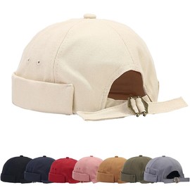 Cotton Docker Cap Men's Adjustable Sailor Hat Cap Without Visor Retro Brimless Hat Rolled Men's Docker Cap Fishing Hat Harbour Cap Hat, beige