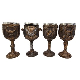 Ebros Odin Valkyrie Loki Battle Longship 7oz Resin Wine Goblet Chalice Set of 4