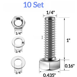 Hmevsafinect 304 Stainless Steel Nuts and Bolts Set, 1/4''-20 x 1'', 10 Sets, Hex Head Bolts and Nuts Set, Flat & Lock Washers (1/4''-20 x 1'' 10set)
