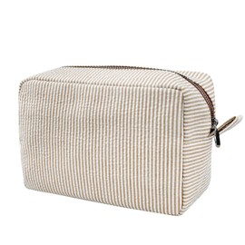 GFU Cosmetic Bags for Women, Seersucker Cosmetic Bag, Travel Toiletry Stripe Makeup Bag, Large Women Aesthetic Organizer Storage Pouch, Girls Handbags Purses, brown
