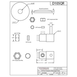 Westbrass D105QR-05 Round Lever 1/4-Turn Angle Stop 1/2" Copper x 3/8" Compression, Polished Nickel