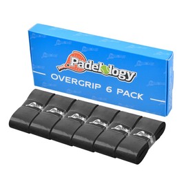 Padelology Tacky Padel Overgrip - 6 Pack Extremely Sticky Non-Slip Pickleball Grip Tape for Paddle, Tennis, Badminton, Squash Racquet Grip [0.75mm Thickness] (Black, 6 Grips)