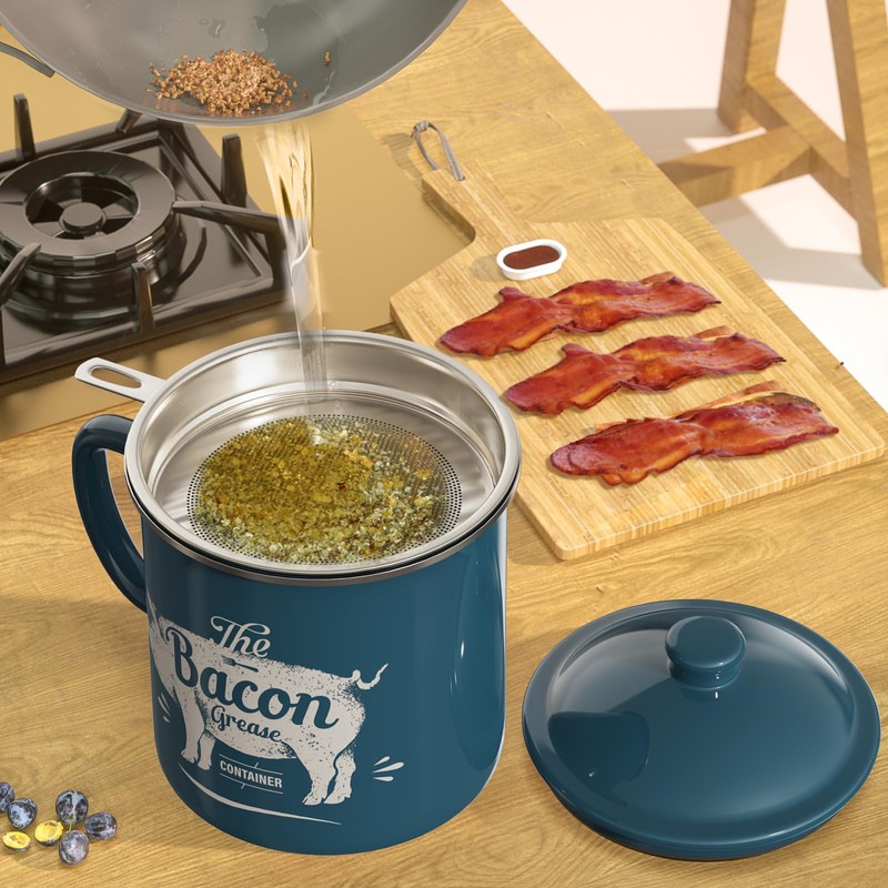 Bacon Grease Container With Strainer, 46OZ Large Enamel Grease Container,