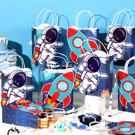 MotiMind 16 Pcs Outer Space Party Favor Bags with Handles Astronaut Gift Bags for Galaxy Space Theme Party Supplies
