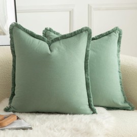 Mandioo Set of 2 Neutral Cotton Fringe Cushion Covers 40x40 cm 16x16 inch Decorative Boho Farmhouse Throw Pillowcase Cozy Tassels for Couch Sofa Bedroom Living Room Home Decor Sage Green