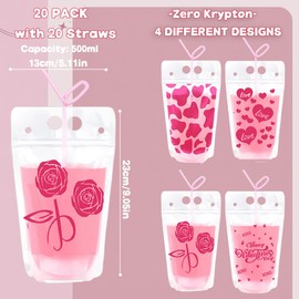 20 Pcs Valentine Heart Drink Pouches With Straws Pink Love Heart Rose Flowers Reusable Juice Pouches Plastic Clear Drink Bags for Valentine Wedding Birthday Bachelorette Party Supplies