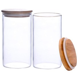 2 Pcs (350ml/11.8oz) Clear Cylindrical Empty High Borosilicate Glass Bottle with Bamboo Cap Refillable Large Capacity Sealed Bottles Vial Jars Food Storage Dispenser Container Pot for Home Kitchen