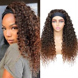 Yacurcur Curly Headband Wig Loose Water Wave Headband Wigs None Lace Wig Glueless for Women Synthetic 150% Density Black Mix Brown 24 inch (1B/30）