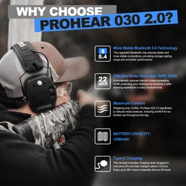 PROHEAR 030 2.0 Bluetooth Rechargeable Shooting Ear Protection, Slim Noise Cancelling Earmuffs, NRR 22dB for Hunting & Tactical Gun Range