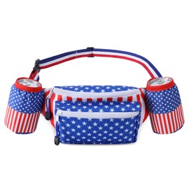 Wehhbtye 4th of July Fanny Pack, Patriotic Waist Pack with 2 Drink Carrier, Adjustable USA Flag Belt Bag for Women Men Independence Day Themed Party Outfit Accessories and Traveling
