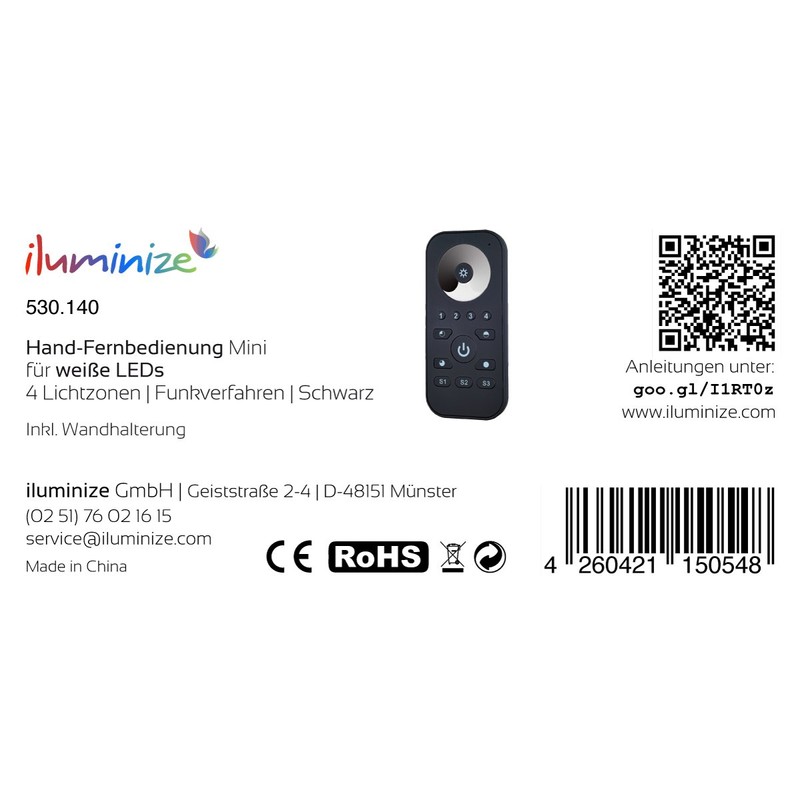 iluminize Wireless remote control: control white LEDs, 4 zones, 3