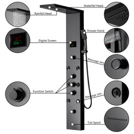 BATHLAVISH Black Shower Panel LED Light Temperature Display 304 Stainless Steel Bathroom Shower Towels System with Rainfall Shower Head Handheld Massage Body Jets Wall Mount Waterfall BathTub