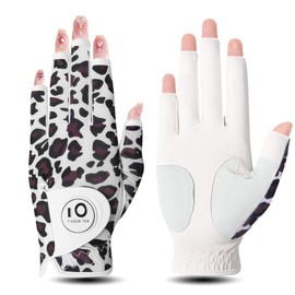 FINGER TEN Golf Gloves Women's Leather Left Right Hand Golf Gloves with Ball Marker Value 1 Piece Glove, Rain Grip Grip Left Right Golfer (Leopard, M, Left)