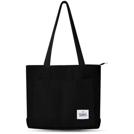 ELAKIRI Women's Cord Bag with Zip, Large Shopper Bag, Shoulder Bag, Corduroy Bag, Tote Bag for Shopper Work Office Travel Shopping School and Everyday Use, black