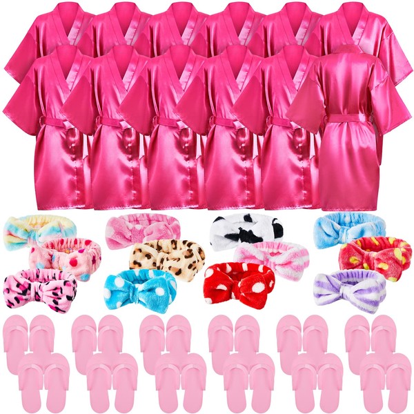 Xuhal 36 Pcs Spa Party Supplies for Girls 12 Kimono Robe V Neck Bathrobe 12 Soft Spa Headband 12 Disposable Foam Slippers (Rose Red, Size 8)