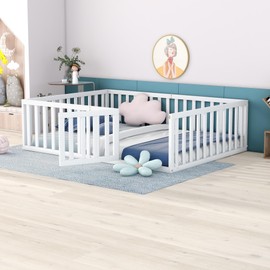 Harper & Bright Designs Full Size Floor Bed with Rails,Montessori Floor Bed Wood Frame with Fence and Door, for Kids Girls Boys-White